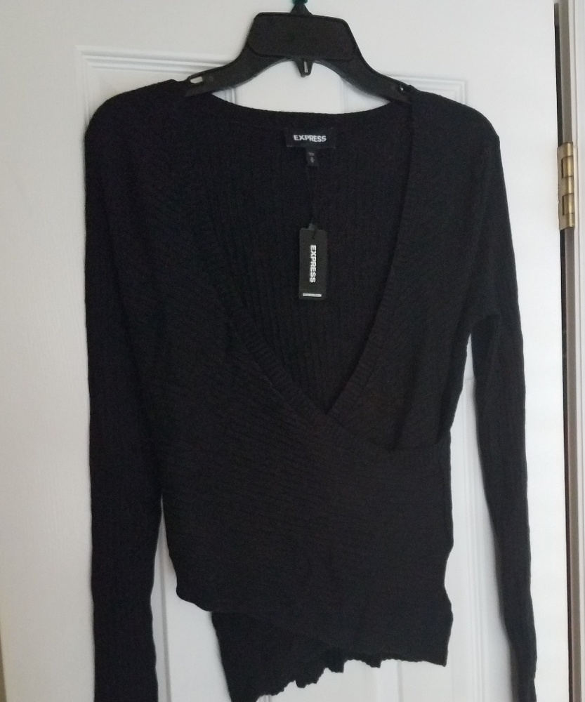 Express Faux Wrap Black Ribbed Sweater, M